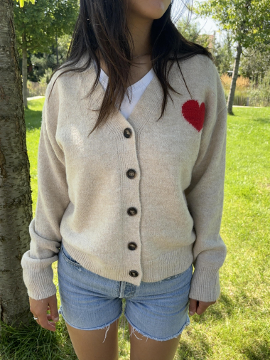 Grossiste ACAJOU - Gilet Boutonné à Manches Longues avec Motif Cœur - Acajou