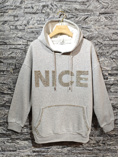 Wholesaler Adilynn - Fleece hooded sweatshirt with “Nice” jewelry, central pocket