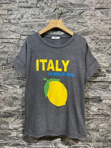 Grossiste Adilynn - T-shirt imprimé citron « Italy La dolce vita », col rond, manches courtes