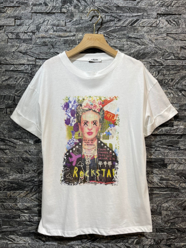 Grossiste Adilynn - T-shirt imprimé femme « Rockstar », col rond, manches courtes à revers