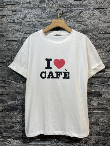 Grossiste Adilynn - T-shirt imprimé « I love cafe », col rond, manches courtes à revers