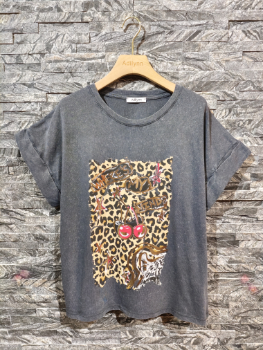 Wholesaler Adilynn - Cherry leopard print t-shirt, round neck, short cuffed sleeves