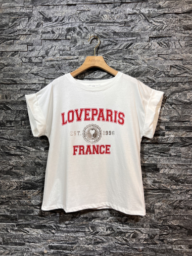 Großhändler Adilynn - T-Shirt mit „LoveParis France“-Aufdruck, Rundhalsausschnitt und kurzen Ärmeln mit Bündchen