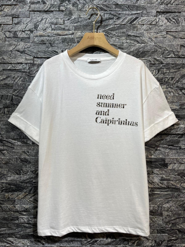 Grossiste Adilynn - T-shirt imprimé « Need summer and caipirinhas », col rond, manches courtes