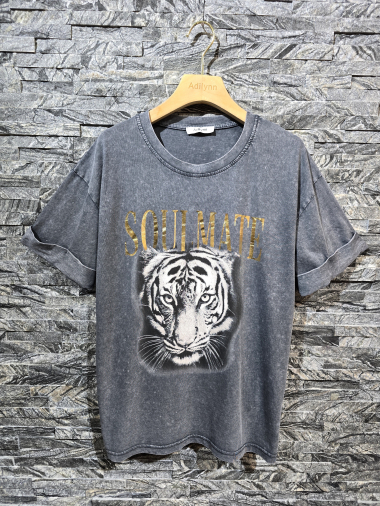 Grossiste Adilynn - T-shirt imprimé tigre « Soulmate », col rond, manches courtes à revers