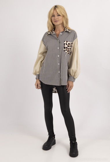 Wholesaler Amy&Clo - Striped and leopard patchwork cotton shirt