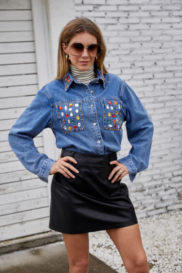 Wholesaler Amy&Clo - Denim shirt with multicolor diamonds