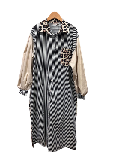 Wholesaler Amy&Clo - Leopard and stripe mix match long shirt dress