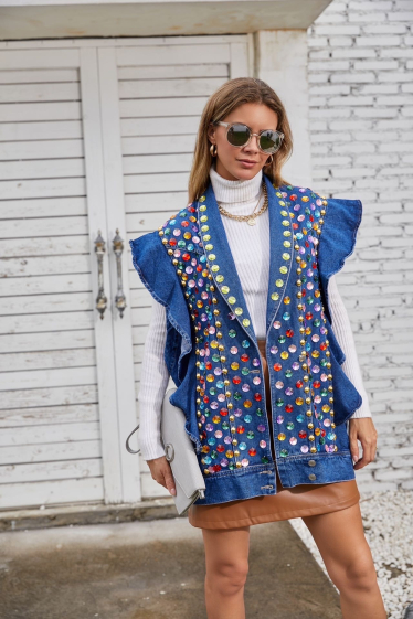 Großhändler Amy&Clo - Übergroße ärmellose Jacke mit mehrfarbigen Diamanten