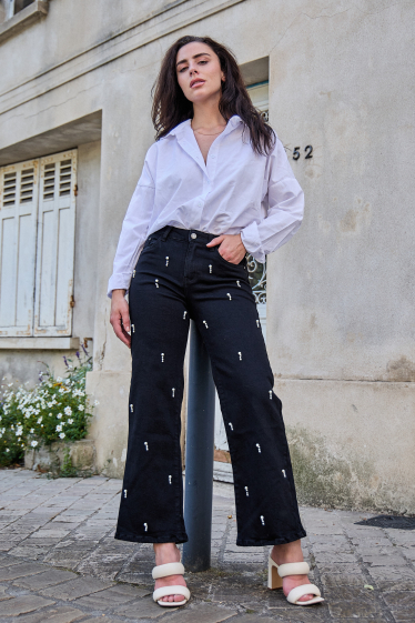 Grossiste ANA & LUCY - Jeans wide-leg à perles fantaisie - ANA & LUCY