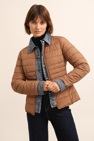 Wholesaler Attrait Paris - Plain short puffer downjacket bi-material jeans with shirt collar