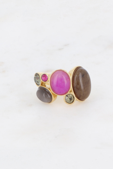 Grossiste Bohm - Bague - 3 cabochons ronds en pierre naturelle et 3 cristaux