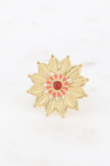 Wholesaler Bohm - Ring - ethnic flower pattern with natural stone and enamel