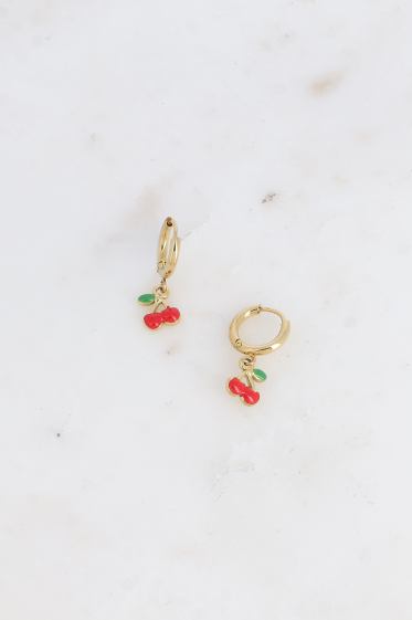 Wholesaler Bohm - Hoop earrings - mini ring with enamel cherry