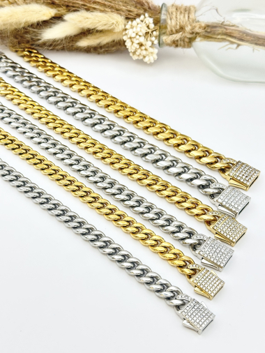 Wholesaler Ceramik - Stainless steel bracelet, Cuban mesh, clasp set with rhinestones