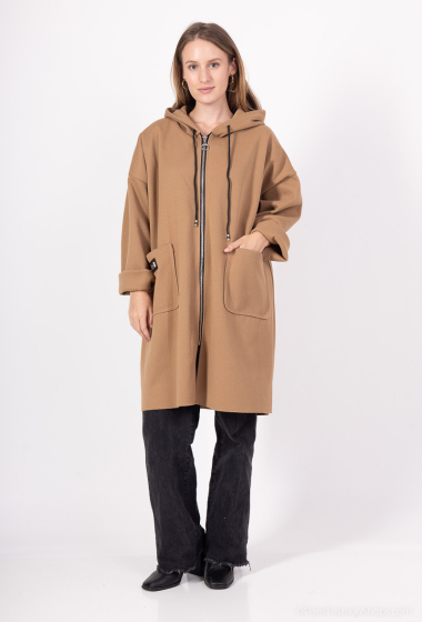 Grossiste Chana Mod - Manteau uni avec zip et capuche et 2 poches à l'avant