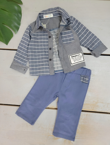 Wholesaler Chicaprie - Baby Boy's Plain Checked Bi-Style Shirt And Trousers Set