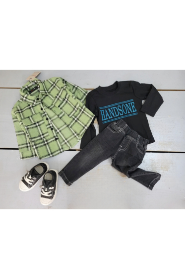 Wholesaler Chicaprie - Baby Boy's Checked Shirt, T-Shirt and Jeans Set