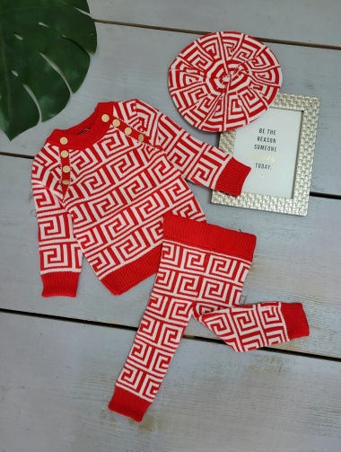 Großhändler Chicaprie - Baby-Mädchen-Set aus gemustertem Pullover und Leggings mit Baskenmütze