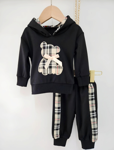 Wholesaler Chicaprie - Baby Girl's Sweatshirt Set with Teddy Bear and Plain and Checkered Joggers