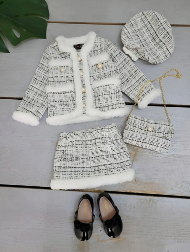 Wholesaler Chicaprie - Baby Girl's Tweed and Faux Fur Jacket and Skirt Set