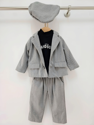 Wholesaler Chicaprie - Baby Boy's Plain Jacket and Trousers Set with T-Shirt and Beret