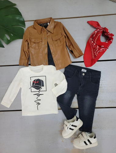 Grossiste Chicaprie - Ensemble Veste Simili-Cuir, T-Shirt, Jean, Et Bandana Bébé Garçon