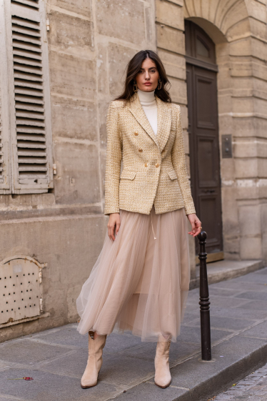 Grossiste Choklate - Veste blazer croisée en tweed doré & sequins