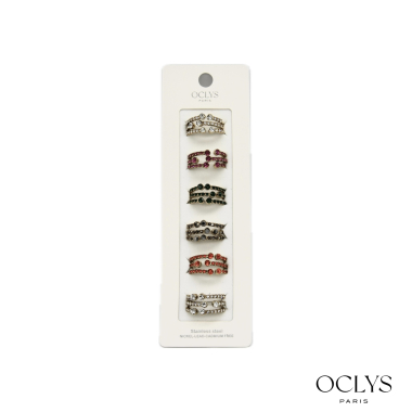 Mayorista OCLYS - Set de 6 anillos de acero inoxidable con strass surtido Hina