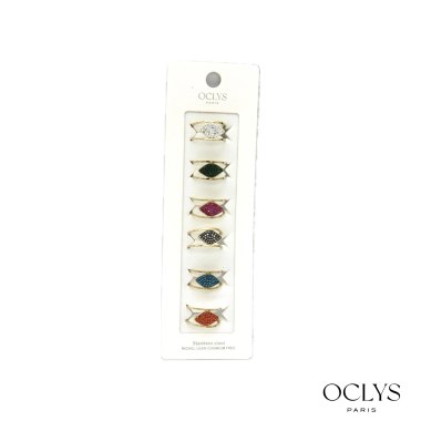 Mayorista OCLYS - Set de 6 anillos de acero inoxidable con strass surtido Hina