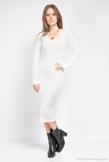 Wholesaler CM MODE - Women's Long Puff Sleeve V-Neck Knitted Bodycon Sweater Dress