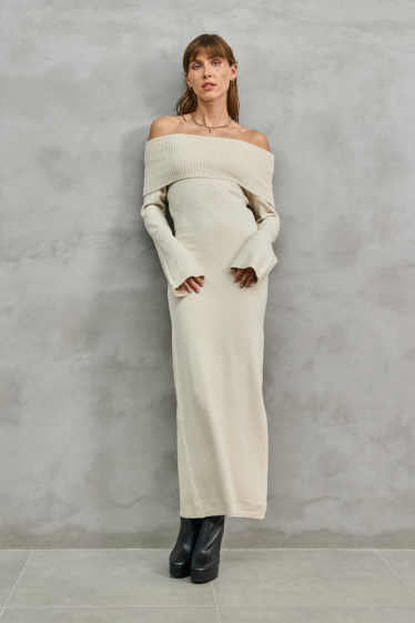 Wholesaler Copperose - long knitted dress with bardot collar