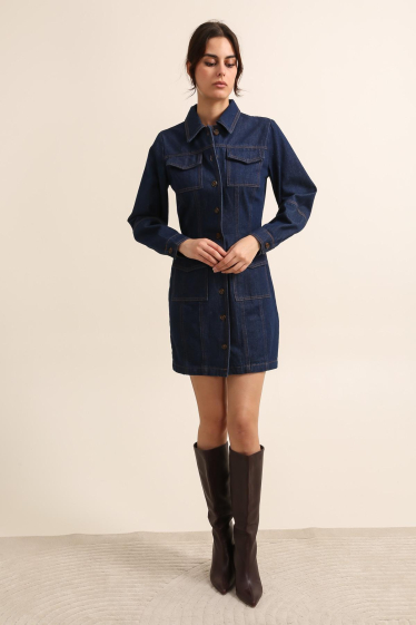 Wholesaler DAPHNEA - LEOPARD BUTTON DENIM DRESS