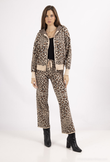 Wholesaler Dix-onze - set leopard hooded zip vest and elastic pants wide legs