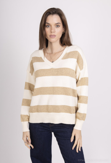 Grossiste Dix-onze - Pull col v raye fils dore