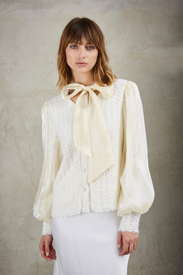 Wholesaler ELLI WHITE - Two-material lace and chiffon blouse with pussy-bow collar