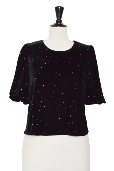 Wholesaler ELLI WHITE - Short puff sleeve velvet top with rhinestones