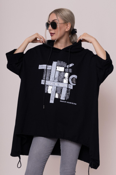 Wholesaler Emma Dore - Hooded tunic sweatshirt in black with print and drawstring