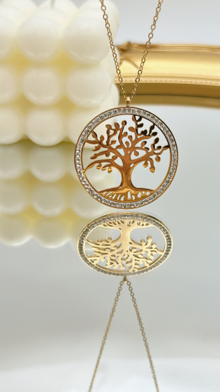 Grossiste EMMASH BIJOUX - COLLIER AVEC PENDENTIF ARBRE DE VIE SERTI DE STRASS EN ACIER INOXYDABLE