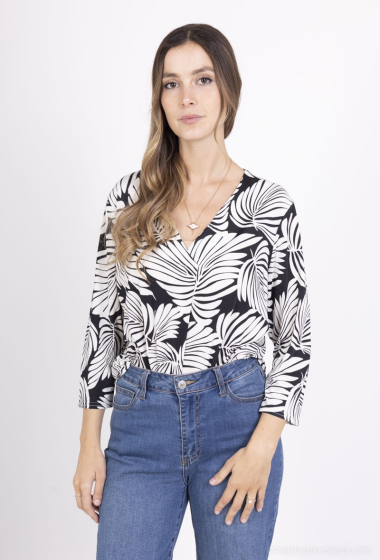 Grossiste Esperance - Blouse imprimé feuilles noir et blanc avec pli