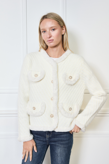 Wholesaler Frime Paris - Women's Textured Striped Jacket with Beaded Buttons