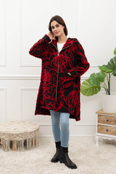 Wholesaler Happy Look - Mid-length wool coat with abstract pattern and hood