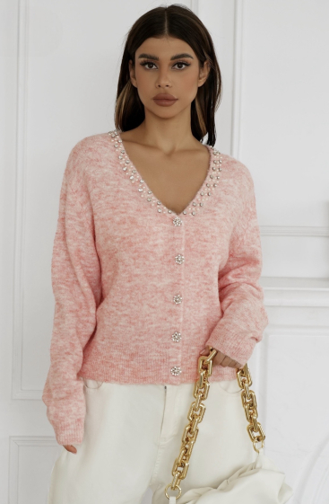 Wholesaler ISSYMA - Knitted cardigan with jeweled buttons and pearl details