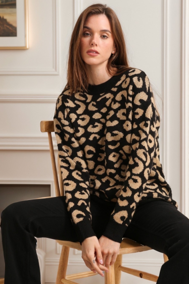 Wholesaler J&H Fashion - Leopard knit sweater with sequins, round neck, long sleeves