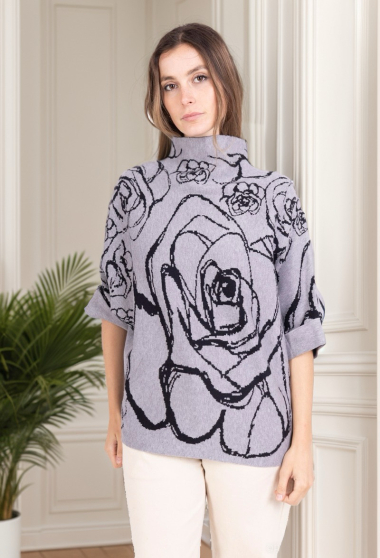 Grossiste J&H Fashion - Pull overzise manche court en maille avec imprimé rose col montant