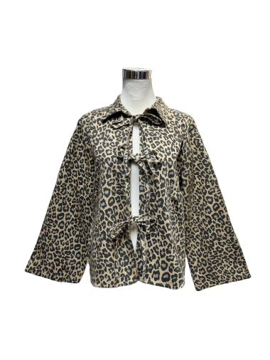 Wholesaler J&L - Leopard Print Long Sleeve Bow Denim Shirt