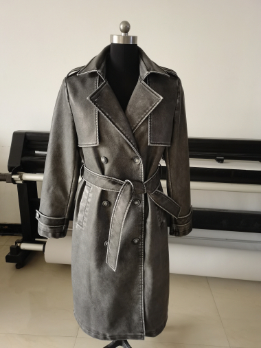 Wholesaler Jolifly - washed faux leather trench coat