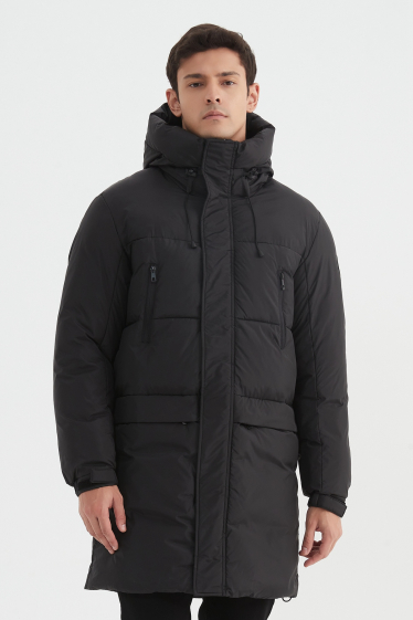 Wholesaler KYMAXX - Long plain down jacket with hood and stand-up collar