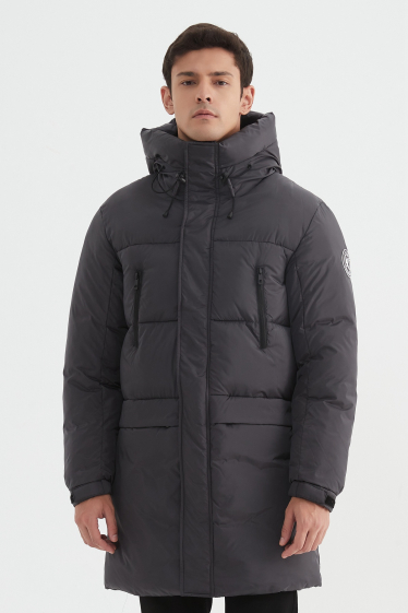 Wholesaler KYMAXX - Long plain down jacket with hood and stand-up collar