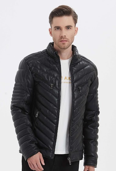 Wholesaler KYMAXX - Lightweight faux leather down jacket with officer collar and multiple pockets